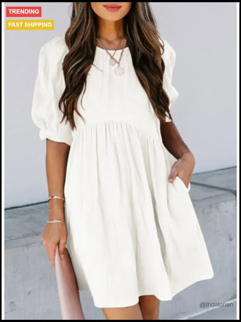Summer Crewneck Puff Sleeve Babydoll Empire Waist Mini Swing Skater Dress with